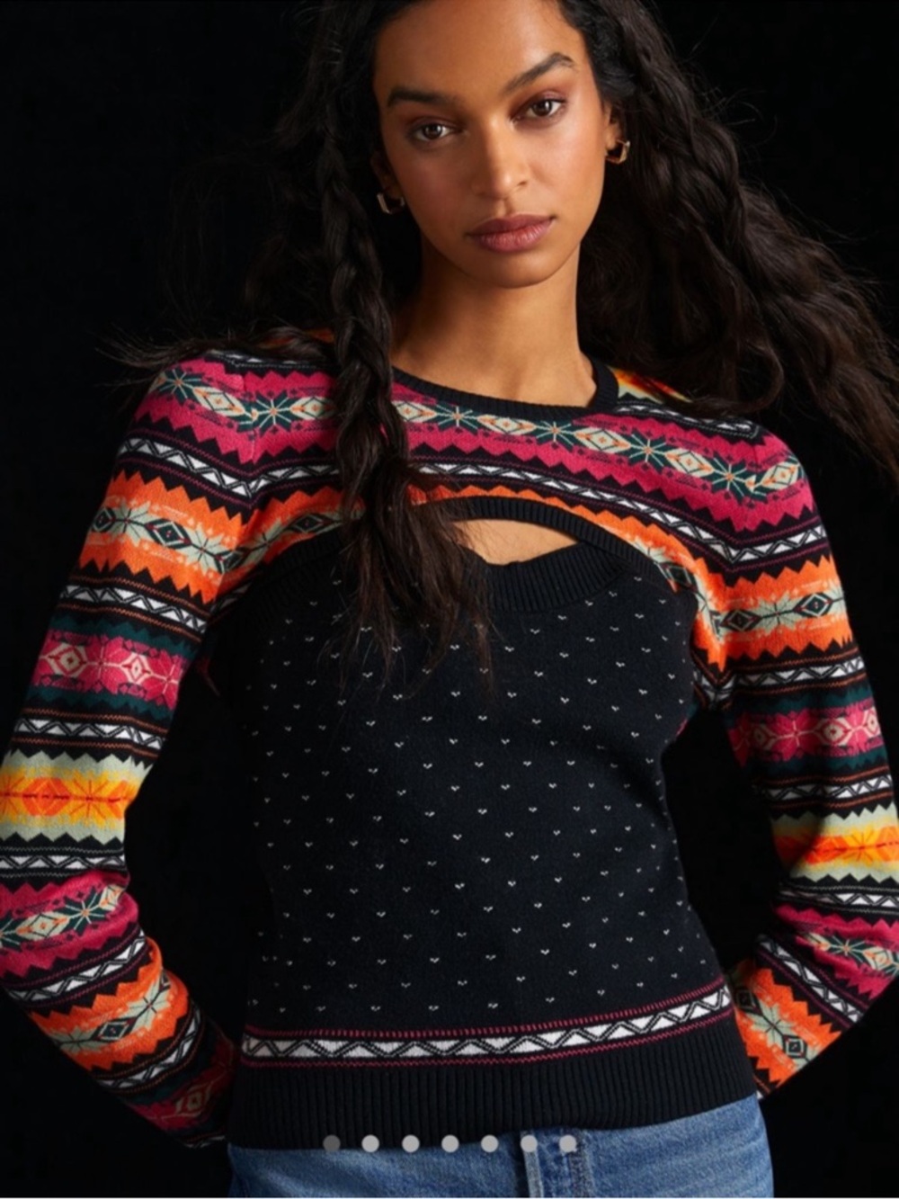 Anthropologie Black Sweater with Multicolor Fair Isle Sleeves